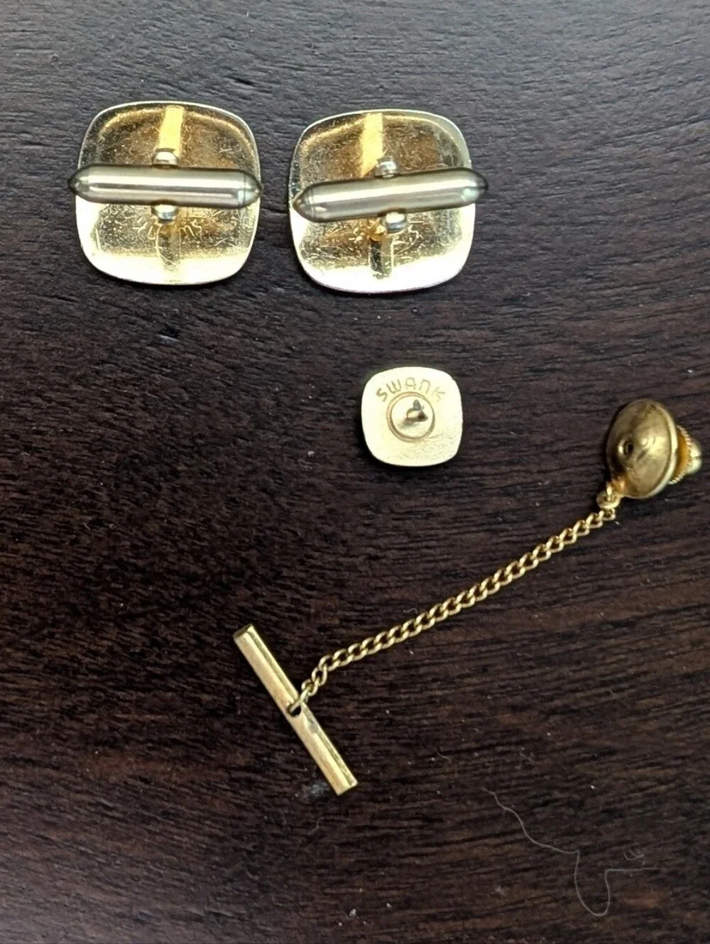 Vintage SWANK Geometric Gold-Tone Cufflinks and Tie Tack Black and Amber MCM